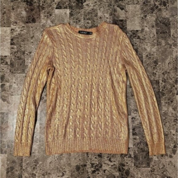 Lauren Ralph Lauren cable knit metallic gold sweater - Picture 1 of 5